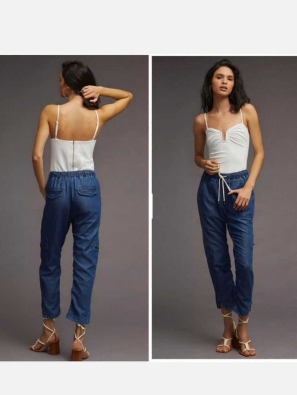 Pilcro Blue Denim Cottage Utility Jogger Jeans Ruched Legs Zipper Pockets Large - Picture 2 of 13